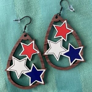 Wooden Star Earrings in Red, White, and Blue Patriotic America